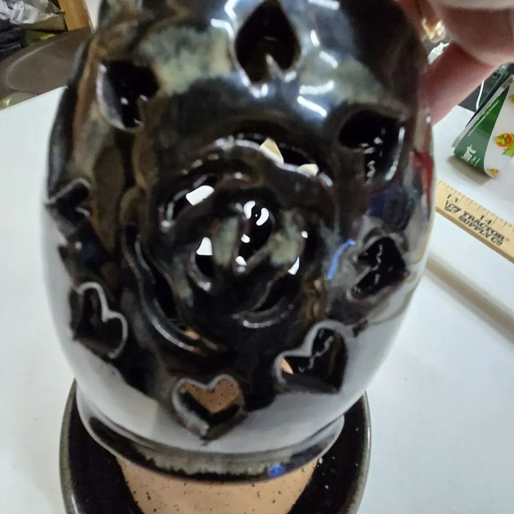 Midnight Sun Pottery Garold Amsberry Ceramic Candle Holder Black Green Marbled